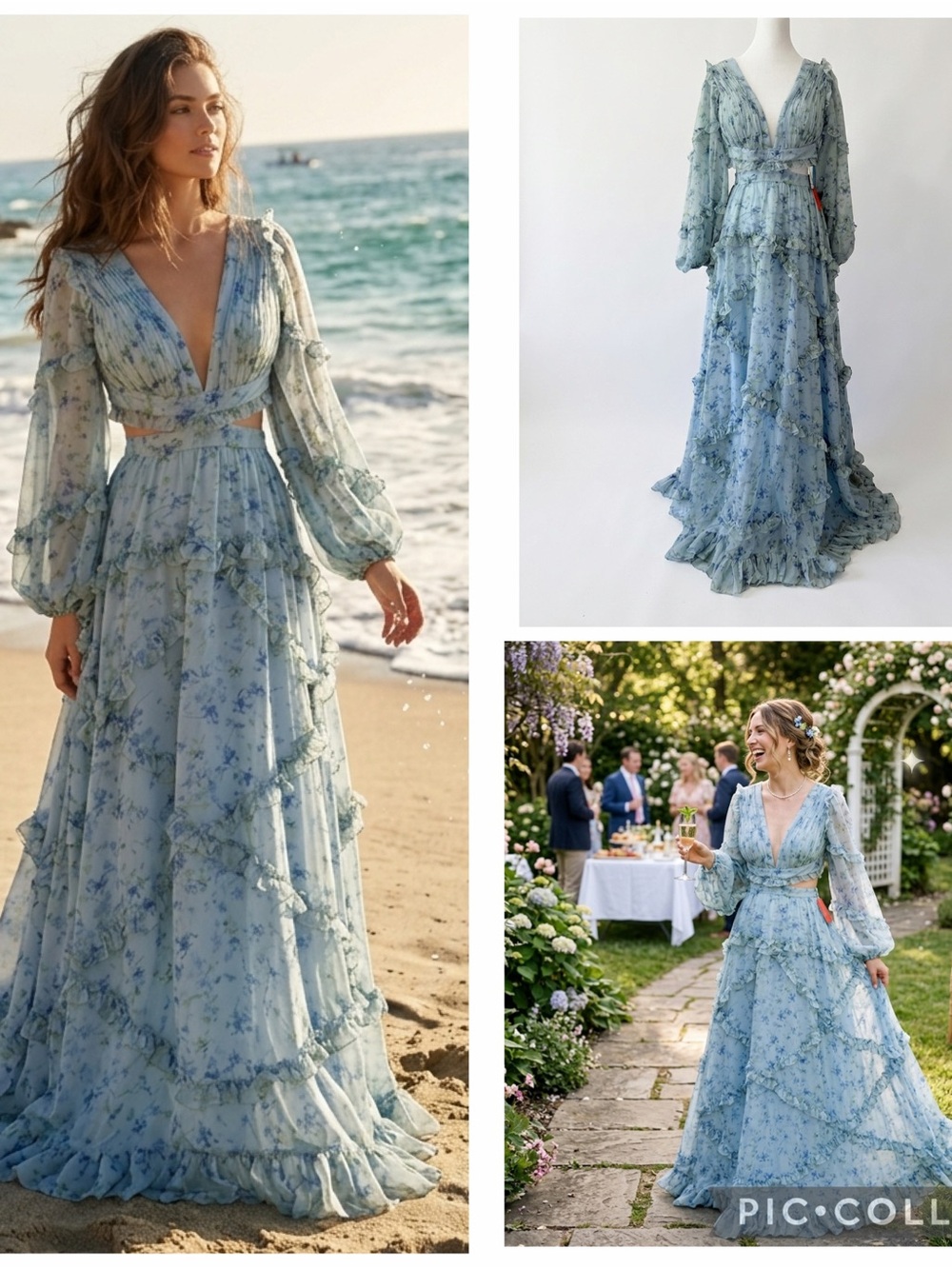 NWT MAC DUGGAL 70249 Blue FLORAL Cut-out Maxi Long sleeve Romatic gown size 2